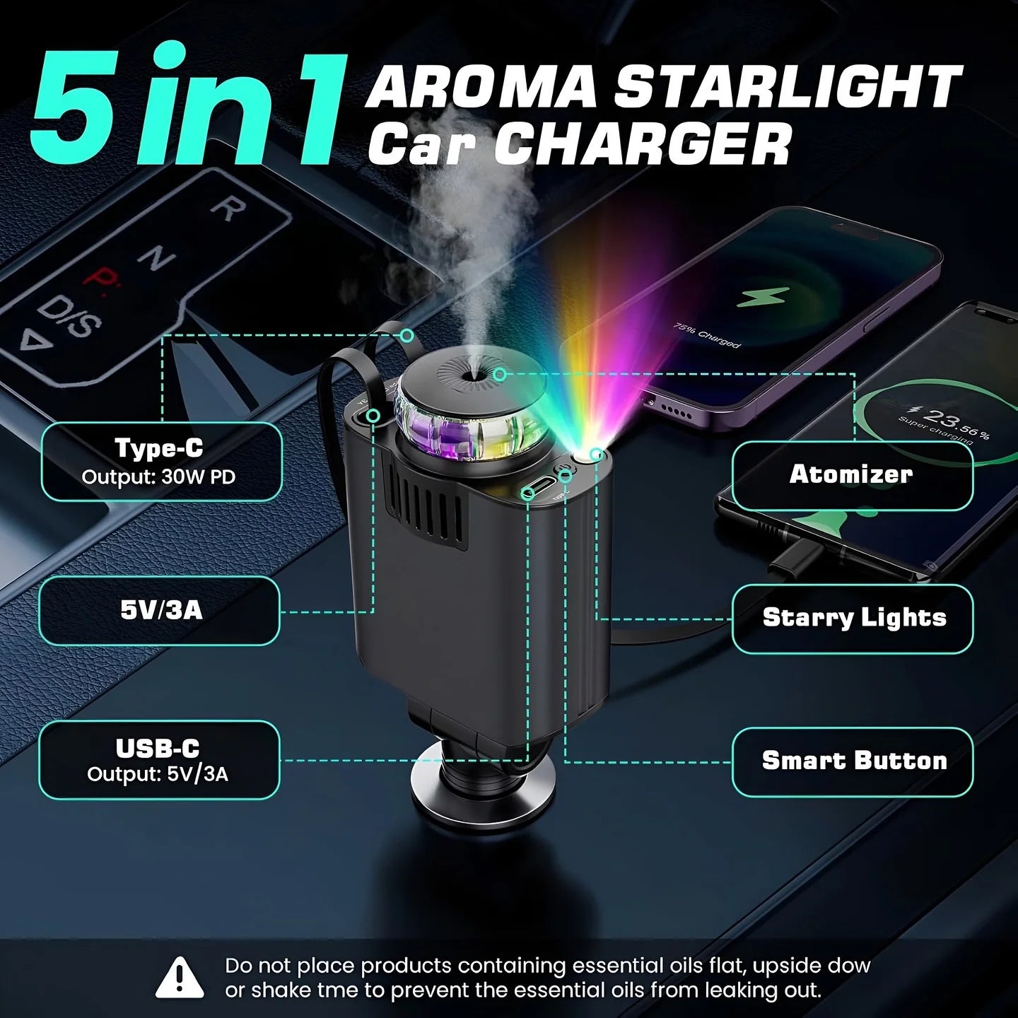 5-in-1 Car Charger and Star Light with Air Freshener